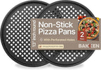 Bakken Pizza Baking Pan - Round Perforated Carbon Steel Pan with Non-Stick Marble Coating, Oversized Silicone Handle, Dishwasher Safe, High-Temperature Resistant, Durable & Easy Cleanup Gray, 2 Pack