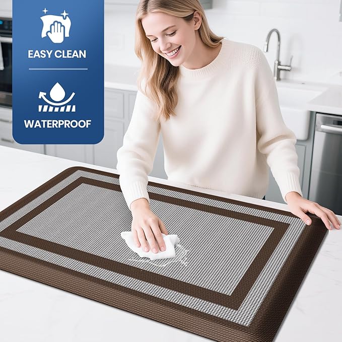 KitchenClouds [2 PCS Kitchen Rugs Cushioned Anti-Fatigue Kitchen Mats for Floor Waterproof Kitchen Rug Set Non-Slip Comfort Standing Mat for Office, Sink, Laundry 17.3"×28"+17.3"×60",Chocolate