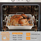 LIANYU 16 Inch Roasting Pan, Large Turkey Roaster with V-Shaped Rack and Baking Rack, Heavy Duty Stainless Steel Deep Broiling Lasagna Pan with Handle for Chicken, Dishwasher Safe