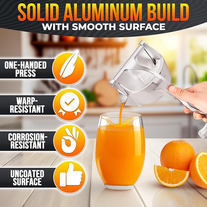Hand Juicer Squeezer with Ergonomic Heavy Duty Handle – 20 oz Bowl Aluminum Lemon Juicer with Pour Spout for Mess-Free Pouring - Manual Citrus Press for Lemon, Orange, Lime, Grapefruit, Pomegranate