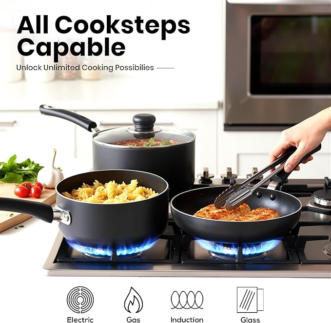 KICHLY 8 Piece Pots and Pans Set, Non Stick Kitchen Cookware Set with 20cm & 28cm Frying Pans and 16cm, 18cm, 20cm Saucepans with Lids, Induction Compatible Pots and Pans Set Non Stick, Black
