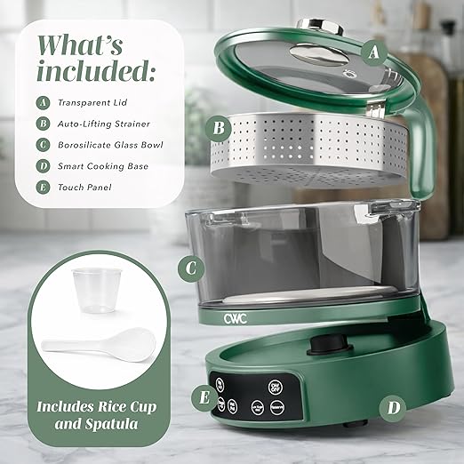 COOK WITH COLOR 3L Glass Mini Low Carb Rice Cooker – Holds 2 Cups Raw/Makes 6 Cups Cooked with Auto Lift Filter Basket, Hotpot & Steamer for Rice, Grains, Digital Panel with Keep Warm, Dark Sage