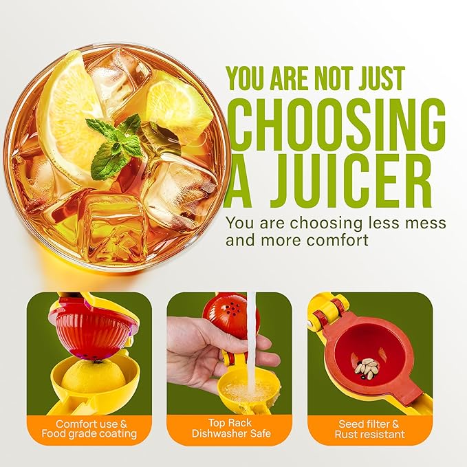 Zulay Kitchen Metal 2-in-1 Lemon Squeezer - Sturdy Max Extraction Hand Juicer Lemon Squeezer Gets Every Last Drop - Easy to Clean Manual Citrus Juicer - Easy-Use Lemon Juicer Squeezer - Yellow/Red