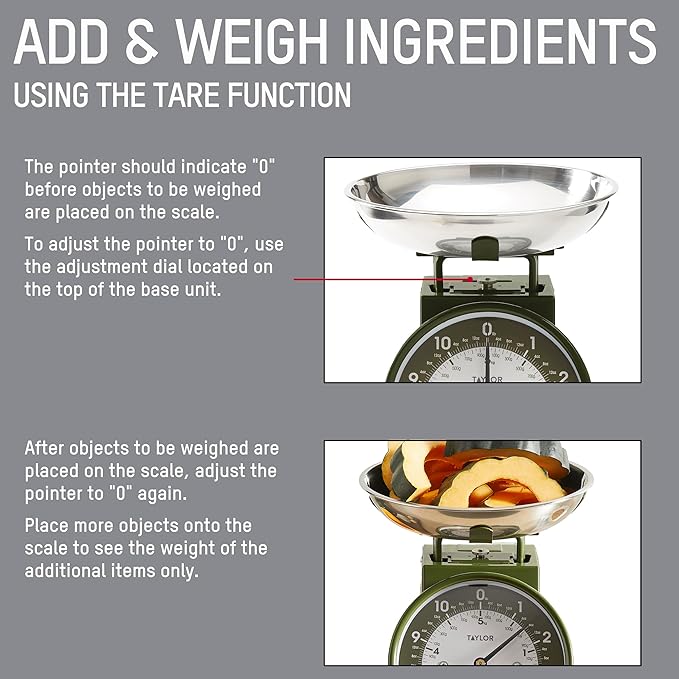 Taylor Analog Kitchen Scale, Stainless Steel Mechanical Food Scale with Removable Bowl, 11 lb Capacity, Large 5-Inch Dial, Battery-Free Design for Baking and Meal Prep