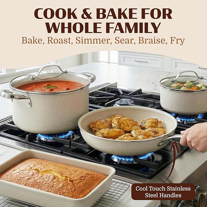 Granitestone Ceraluxe 20 Pc Ceramic Cookware Set Nonstick, Complete Pots and Pans Set Non Stick with 5 Pc Bakeware Set, Deep Frying Pan Set, & Steamer, Non Toxic PFOA Free, Oven & Dishwasher Safe