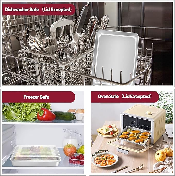 TeamFar Toaster Oven Pan, 9.3’’ x 7’’ Stainless Steel Mini Rectangular Cookware Baking Roasting Cake Pan with Cooling Rack and Lid, Healthy & Sturdy, Deep & Visible Lid, Dishwasher Safe – 4 PCS