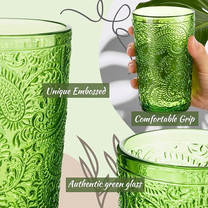 Reallnaive Green Drinking Glasses Set of 8, Boho Aesthetic Vintage Glassware Fern Paisley Carving Textured Tumbler Water Cups Embossed Pattern Drinkware Cocktail Set for Xmas Gifts(13 oz,Highball)