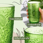 Reallnaive Green Drinking Glasses Set of 8, Boho Aesthetic Vintage Glassware Fern Paisley Carving Textured Tumbler Water Cups Embossed Pattern Drinkware Cocktail Set for Xmas Gifts(13 oz,Highball)