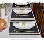 Leetaltree Luxury Black Placemats with Gold Stripes Placemats Set of 4 - Waterproof Washable for Wedding, Anniversary, Daily Use - Sparkling Table Decor - Hand-Cut