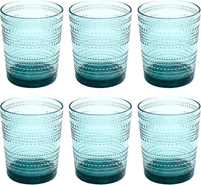 Beaded 15.6 oz Durable Acrylic Double Old Fashioned Drinking Glasses, Shatter-Resistant and Dishwasher-Safe Indoor/Outdoor - Sea Green - Set of 6