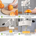 Zulay Kitchen Cast Iron Juicer - Easy-to-Clean Heavy-Duty Manual Juicer, Professional Citrus Juicer - Stainless Steel Lemon Squeezer - Manual Citrus Press & Orange Squeezer - Orange Juicer – White
