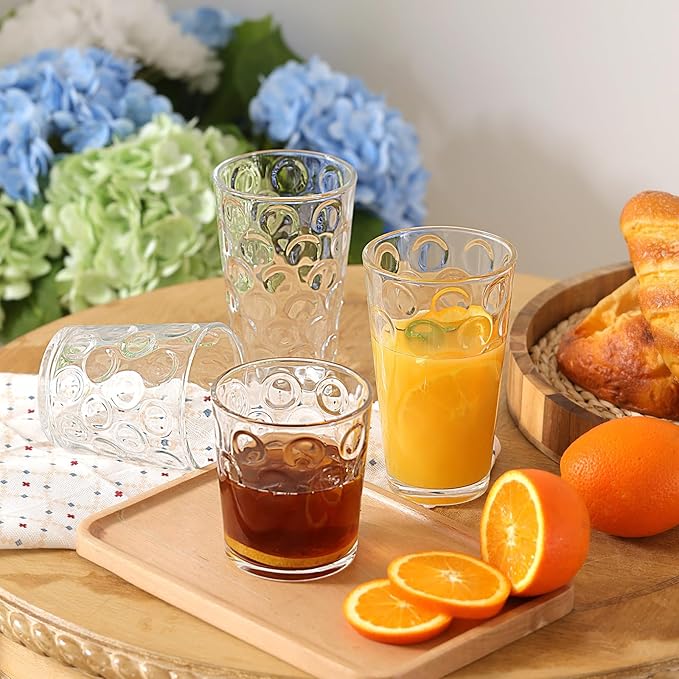 Moretoes Circle Drinking Glasses Set of 12, Mixed Glassware Set, Clear Water Glass Cups,16 Oz Highball Tumblers &12 Oz Rock Whiskey for Cocktail, Whisky and Other Beverages