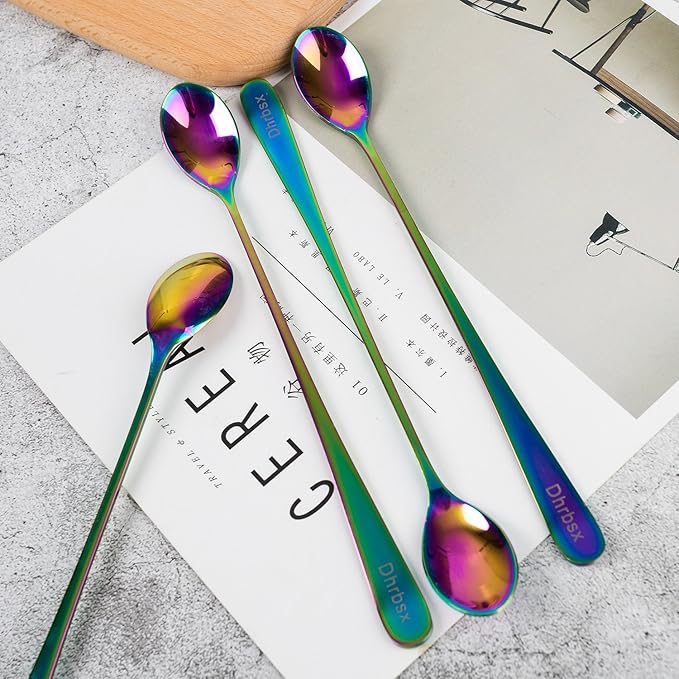 Long-handled ice tea spoon, cocktail stir spoons, stainless steel coffee spoons, ice cream scoop Set of 4 (9 IN)