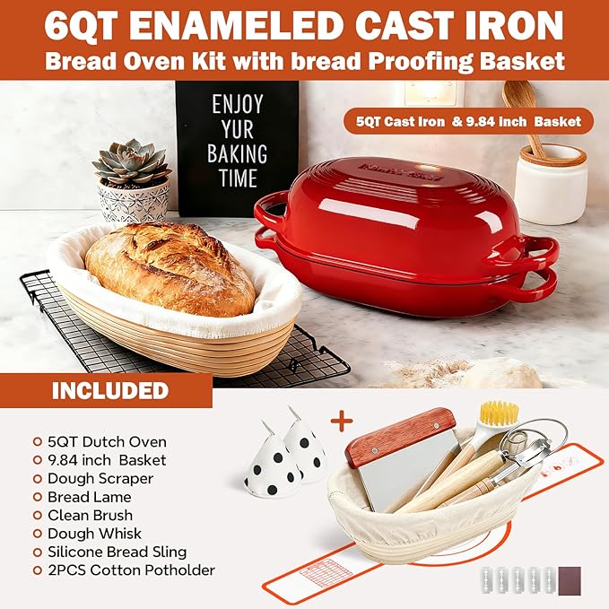 Enameled Cast Iron Sourdough Bread Oven, Dutch Oven, incl. Sourdough Bread-Baking Supplies like Banneton Bread-Proofing Basket - 5QT Loaf Cast Iron Bread Pan for Homemade Bread Baking, Red Meatloaf Pan with Lid