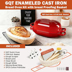 Enameled Cast Iron Sourdough Bread Oven, Dutch Oven, incl. Sourdough Bread-Baking Supplies like Banneton Bread-Proofing Basket - 5QT Loaf Cast Iron Bread Pan for Homemade Bread Baking, Red Meatloaf Pan with Lid