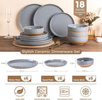AmorArc Ceramic Dinnerware Sets for 6, 18 Pieces Handpainted Plates and Bowls Set with Rustic Terracotta Underside, Scratch Resistant Stoneware Dishes Set, Dishwasher & Microwave Safe, Gray