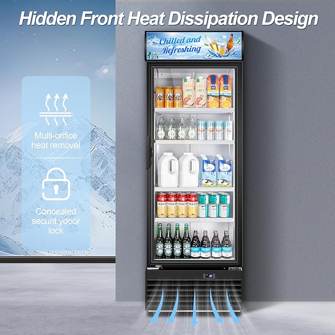 Tylza Commercial Refrigerator with Glass Door Display Beverage Fridge, 11.15 Cu Ft Upright Beverage Cooler Merchandiser with Replaceable Advertising Light Board, Rebound Door, Fast Cooling, Black