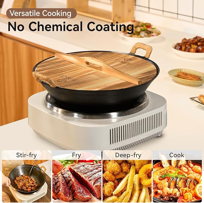 WANGYUANJI 15 Inch Cast Iron Wok with Wooden Lid and Spatula, Large Flat Bottom Double-Handle Chinese Stir Fry Pan, Uncoated for Induction, Gas and Electric Stoves