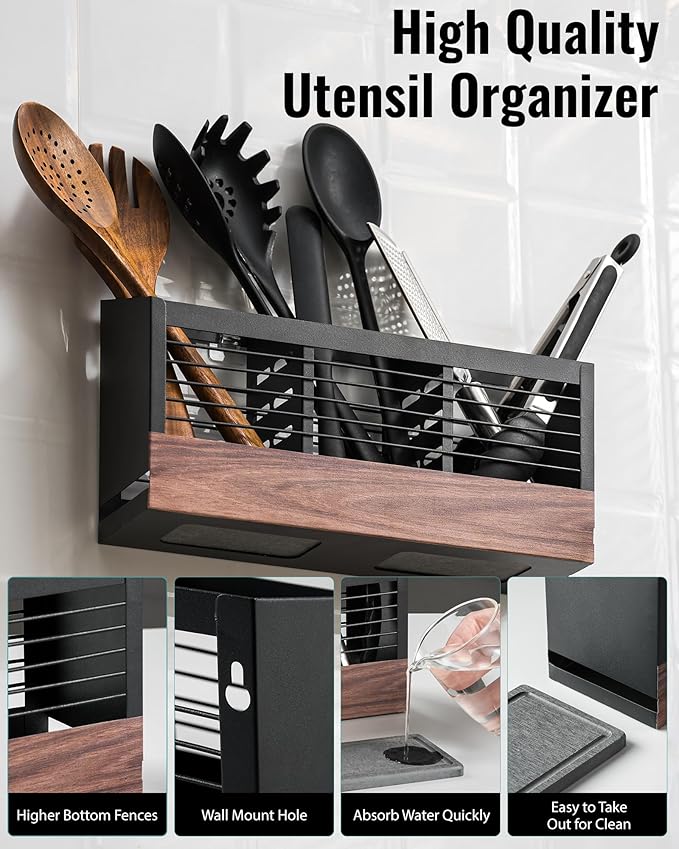 Utensil Holder for Kitchen Counter, Cooking Utensil Holder with Stone Drying Mat for Storage Spatula, Ladle, Scoop in Farmhouse Countertop with Wooden Pattern Printed, Matte Black