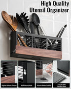 Utensil Holder for Kitchen Counter, Cooking Utensil Holder with Stone Drying Mat for Storage Spatula, Ladle, Scoop in Farmhouse Countertop with Wooden Pattern Printed, Matte Black