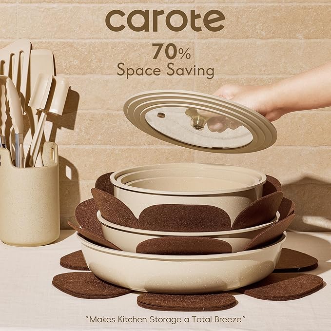 CAROTE 22PCS Pots and Pans set Non Stick, Ceramic Cookware Set, RV Kitchen Cooking Set Removable Handles, Oven Safe, Induction Coolware, Non-toxic Kitchen Cooking Set, PFAS and PFOA Free