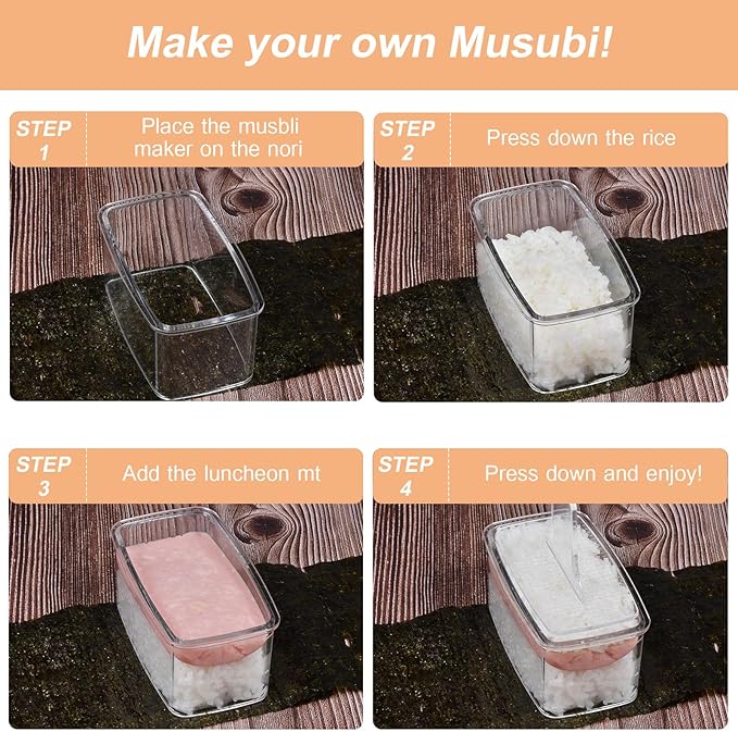 3-Piece Clear Musubi Maker Kit with Luncheon Meat Slicer - Non-Stick Onigiri Press Mold, BPA-Free Sushi Mold for Hawaiian Musubi