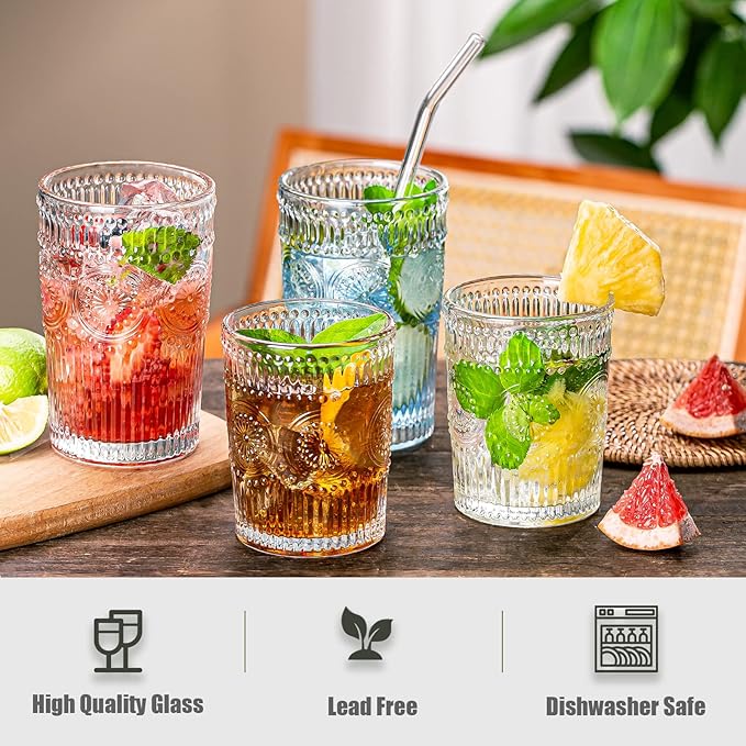 Vintage Drinking Glasses Set of 12, Textured Clear Striped Glass Cups-6 Highball Glasses 13oz & 6 Rocks Glasses 10oz, Ribbed Glassware Set, Mojito Cups, Cocktail Glass, Iced Coffee Cup