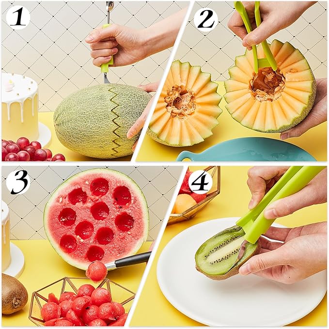 Patelai 2 Pieces Melon Baller Scoop Set, 4 in 1 Fruit Cutters Stainless Steel Watermelon Scooper and Ice Cream Baller for Dig Pulp Separator Fruit Slicer