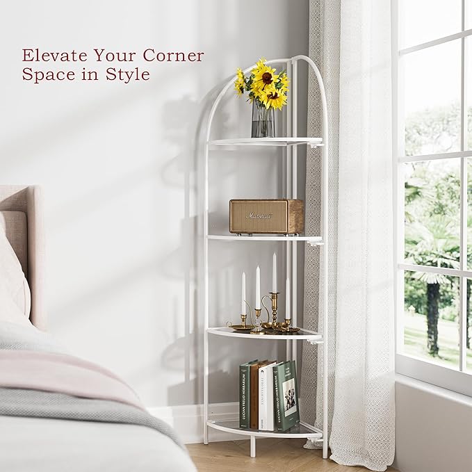 Crofy Foldable 4 Tier Corner Shelf, Metal Corner Plant Stand with White Frame and Transparent Shelves, Corner Display Rack Multipurpose Shelving Unit for Living Room, Bedroom, Bathroom