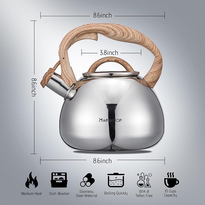 MARSKITOP Whistling Tea Kettle for Stove Top, Stainless Steel Tea Pot with Wooden Pattern Handle, Loud Whistle Water Kettle 2.6 Quart, Silver