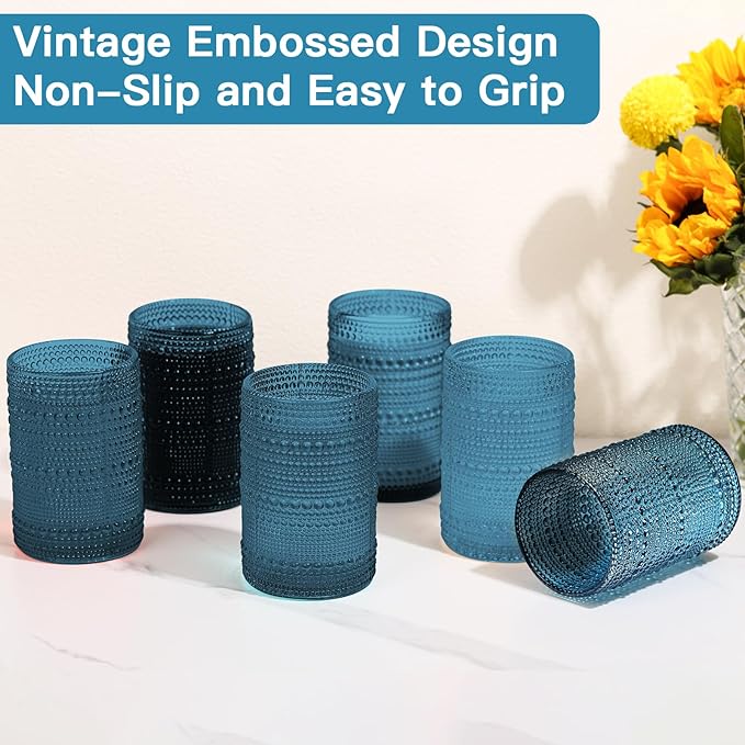 JOVGANK Blue Vintage Hobnail Drinking Glasses Set of 6, Water Tumbler 15oz, Kitchen & Bar Beaded Highball Glasses, Beverage Glass Cups for Water, Beer, Juice, Housewarming and Mother's Day Gift