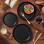 E-far 18-Piece Stoneware Plates and Bowls Sets, Dinnerware Sets for 6, Ceramic Dishware Dishes Set with Terracotta Base, Chip & Scratch Resistant, Microwave & Dishwasher Safe, Matte Black