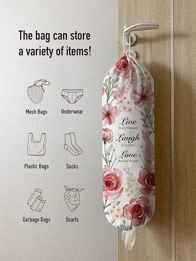 Hglian Plastic Bag Holder, Inspirational Farmhouse Grocery Bag Organizer Storage Dispenser Container for Shopping Trash Bags,Cute Flowers Kitchen Décor Gifts for Women Mom Friend Grandma Pink