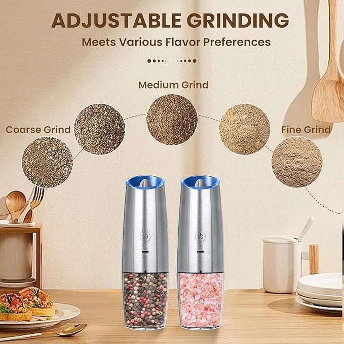 Rechargeable Electric Salt And Pepper Grinder Set, Automatic Gravity Electric Salt And Pepper Grinder Set, Adjustable Roughness, Led Light, 2 Pack, (Silver)