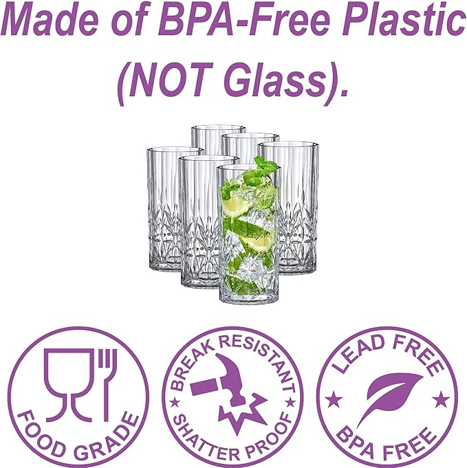 Amazing Abby - Vika - 18-Ounce Plastic Highball Glasses (Set of 6), Plastic Cocktail Glasses, Reusable, BPA-Free, Shatter-Proof, Dishwasher-Safe, Perfect for Poolside, Outdoors, Camping, and More