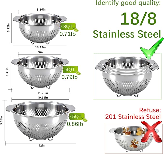 18/8 Stainless Steel Strainer and Colander for Kitchen, Fine Mesh Strainer with Handle, Food Strainers and Colanders for Spaghetti, Vegetables, Fruits, Eggs, Rice, Noodles and Pasta (4QT)