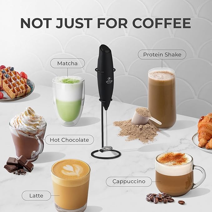 Zulay Kitchen Powerful Milk Frother Wand With 4 AA Duracell Batteries - Ultra Fast Handheld Drink Mixer - Electric Whisk Foam Maker for Coffee, Lattes, Cappuccino, Matcha & Creamer - Executive Black