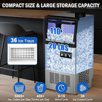 Commercial Ice Maker Machine 110 LBS/24H, 36 Ice Trays Freestanding & Undercounter Ice Machine Stainless Steel with 20 LBS Ice Storage Capacity, Ice Maker with Water Line and Filter, Dual Water Inlet