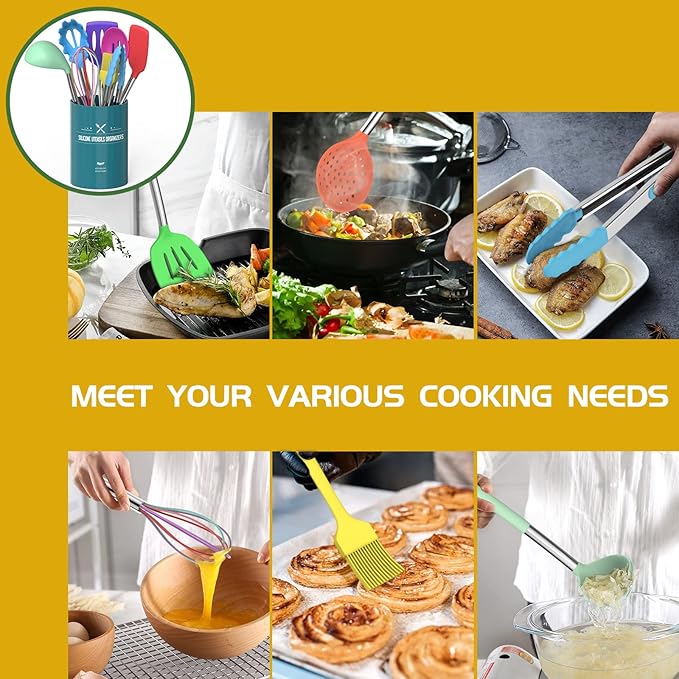 Umite Chef Kitchen Utensils Set, 15 pcs Silicone Cooking Kitchen Utensils Set, Non-stick Silicone Stainless Steel Handle Turner Spatula Spoon Tongs Whisk Cookware - Colorful