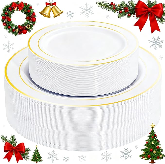 I00000 60 Pieces Gold Plastic Plates, Heavy Duty White and Gold Plastic Plates for 30 Guests Include: 30 Gold Rim Dinner Plates and 30 Gold Dessert Plates Perfect for Wedding, Party & Mother's Day