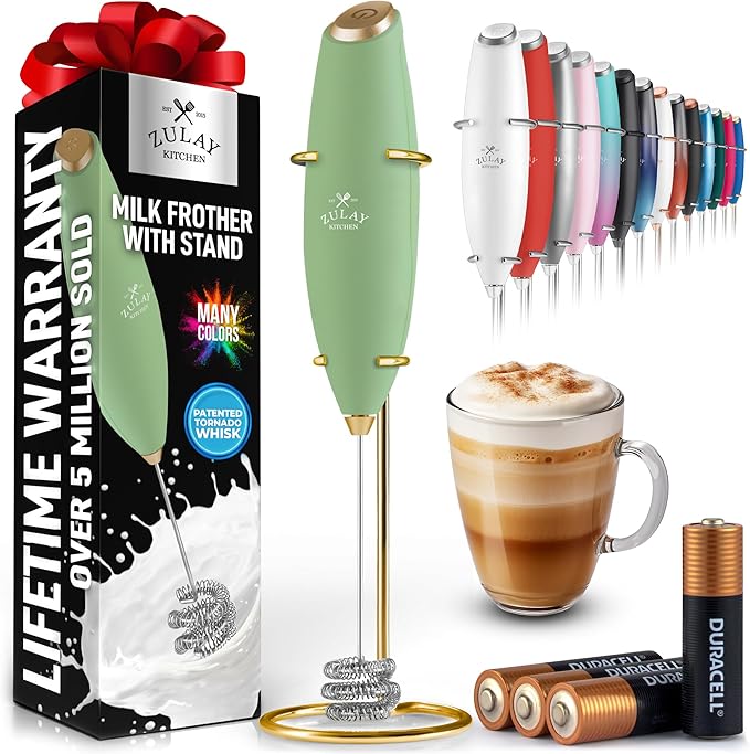 Zulay Kitchen Patented Tornado Triple Whisk Milk Frother with 4 Duracell Batteries – Handheld Foam Maker for Coffee, Lattes, Matcha & Hot Chocolate – Rich, Creamy Froth in Seconds - Olive & Gold