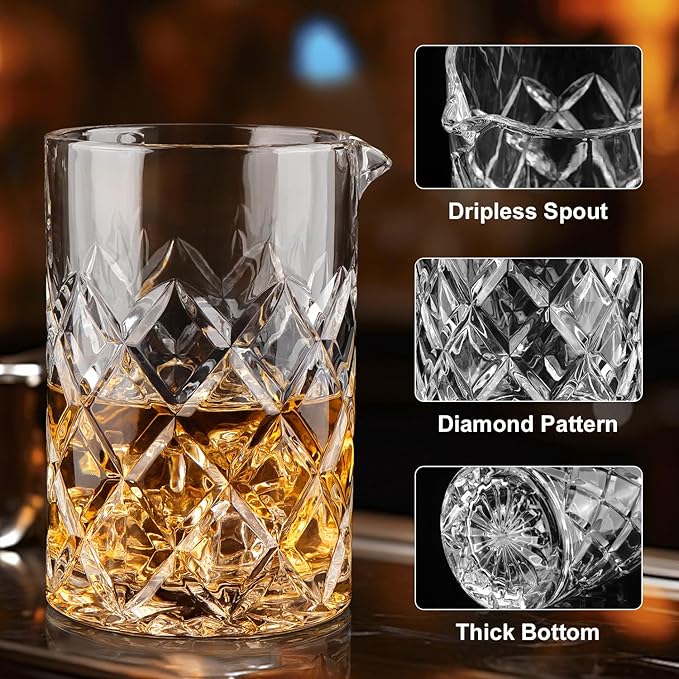 Cocktail Mixing Glass, 18.5oz Crystal Mixing Glass, Thick Bottom Bar Stiring Glasses, Bartender Mixing Jug for Manhattan, Martini, Whiskey