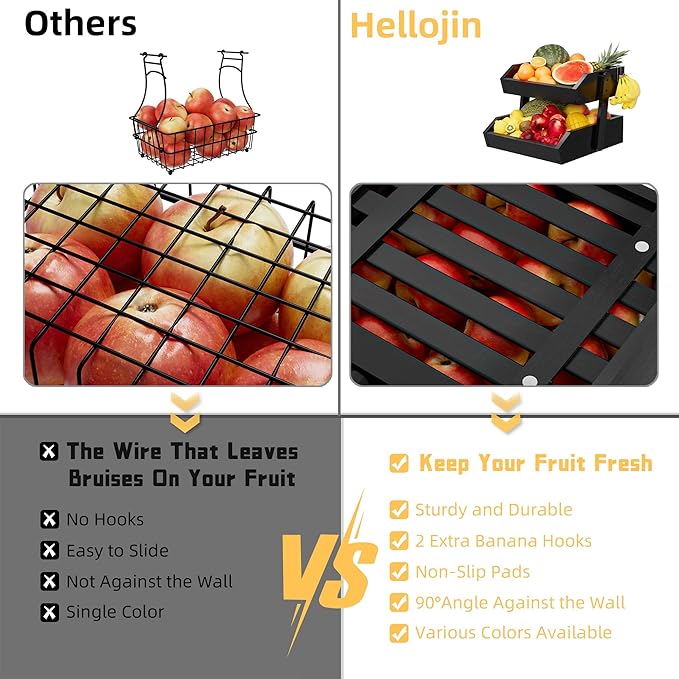 Bamboo 2 Tier Fruit Basket for Kitchen Counter, Large Capacity Fruit Storage Countertop, Fruit Holder, Wood Pantry Organizers and Storage, Kitchen Countertop Organizer With Two Banana Hangers (Black)