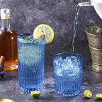 Loivttvv Glassware Drinking Glasses Set of 8, 14 oz Highball Glasses & 10 oz Ribbed Glass Cups, Vintage Glassware for Water, Juice, Cocktail, Whiskey (Blue)