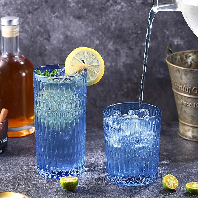 Loivttvv Glassware Drinking Glasses Set of 8, 14 oz Highball Glasses & 10 oz Ribbed Glass Cups, Vintage Glassware for Water, Juice, Cocktail, Whiskey (Blue)