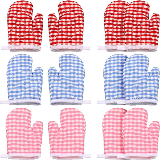12 Pcs Kids Oven Mitts Toddler Oven Mitts Children Heat Resistant Kitchen Mitts Checkered Kitchen Oven Gloves Kids for Cooking Baking Microwave Child Play BBQ Grilling, Age 2-10(Red, Pink, Blue)