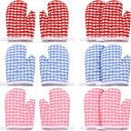12 Pcs Kids Oven Mitts Toddler Oven Mitts Children Heat Resistant Kitchen Mitts Checkered Kitchen Oven Gloves Kids for Cooking Baking Microwave Child Play BBQ Grilling, Age 2-10(Red, Pink, Blue)
