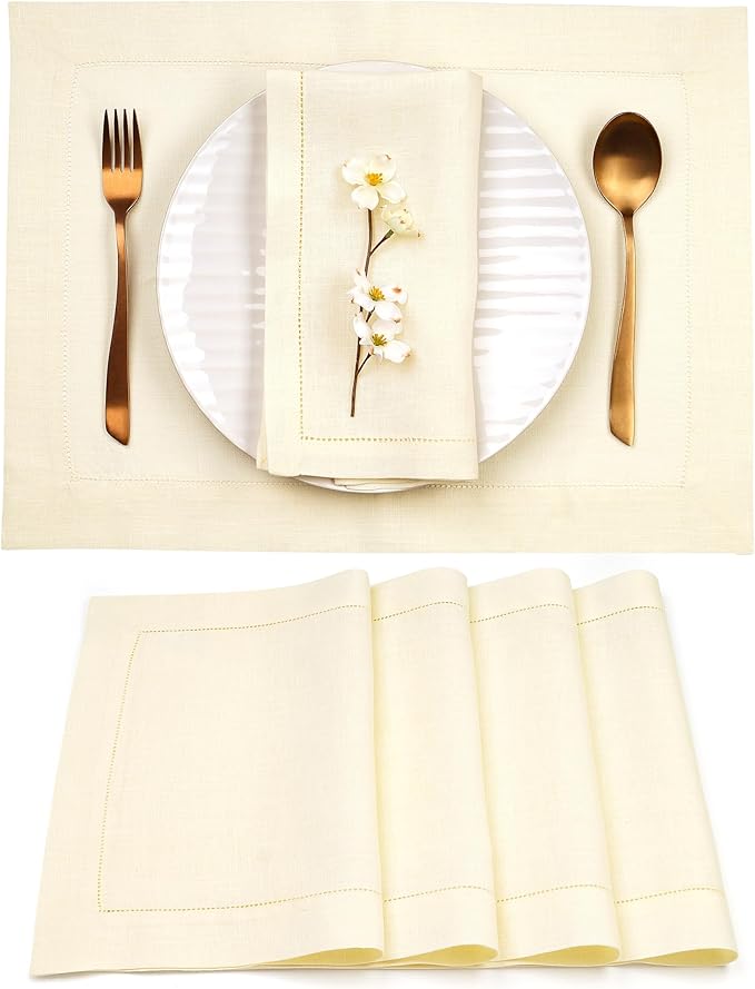 D'Moksha Homes Cream Linen Cloth Placemats Set of 4-100% Pure Linen Hemstitch Placemats 14 x 19 Inch - Classic Hemstitch Table Place Mats for Holiday - Handcrafted and Machine Washable