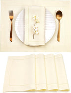 D'Moksha Homes Cream Linen Cloth Placemats Set of 4-100% Pure Linen Hemstitch Placemats 14 x 19 Inch - Classic Hemstitch Table Place Mats for Holiday - Handcrafted and Machine Washable