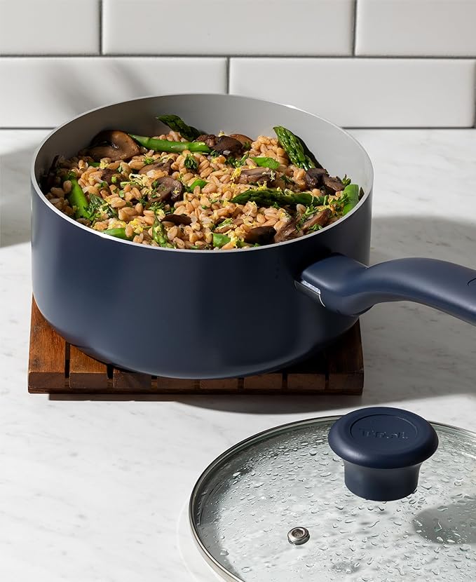 T-Fal Ceramic Nonstick Cookware Set, Oven Safe Up to 350ºF, 12-Piece, Includes Stockpot, Frying Pans, Utensils, Ceramic Pots and Pans Set, Dark Blue